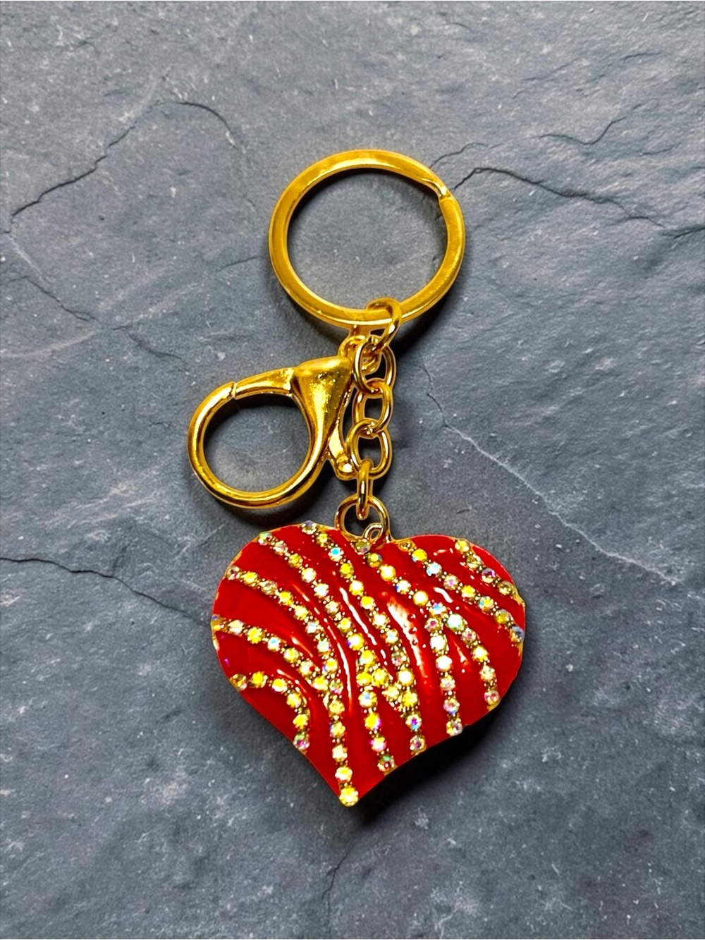 Gold-Tone Keyring with Red Crystal-Embellished Heart Charm NWT